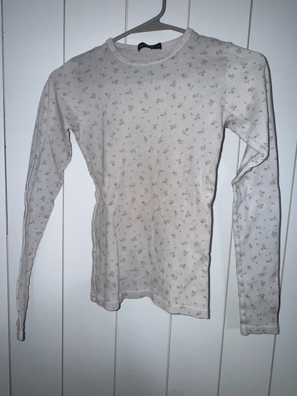 Brandy Melville Gray Floral Ribbed Neck Long Sleeve Tee